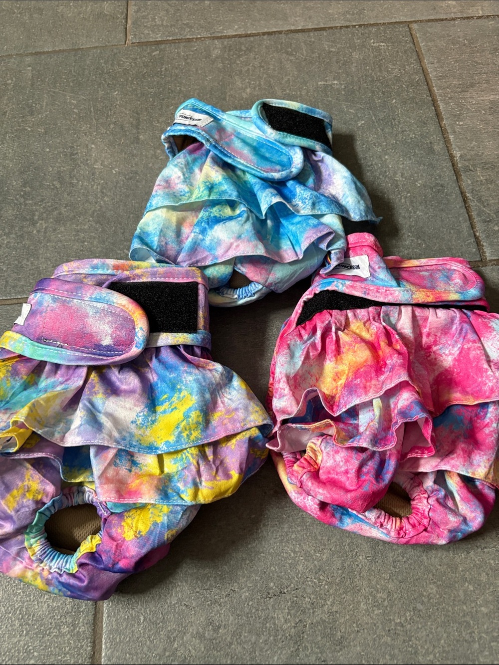 3 Colorful Tie-Dye Ruffle dog Diaper Covers - Pink, Blue & Purple